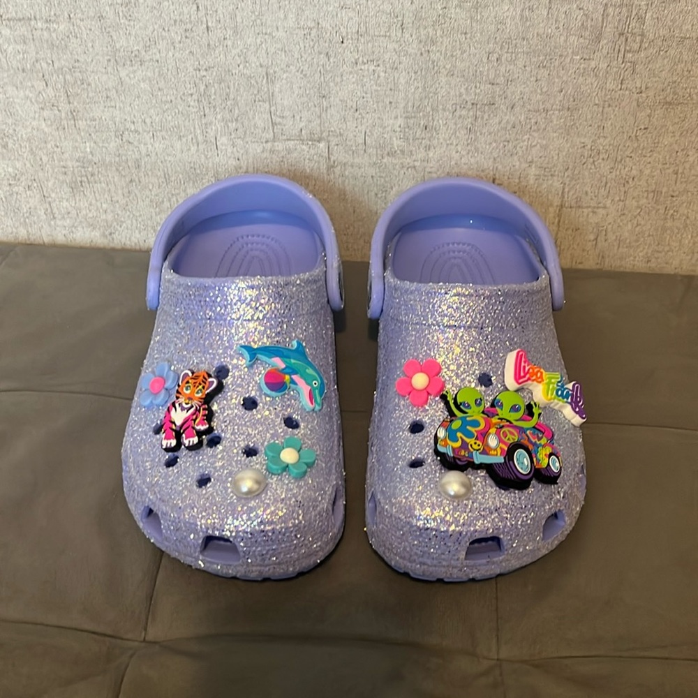 Women Lavender Glitter Classic Crocs Clogs With Lisa Frank Jibbitz